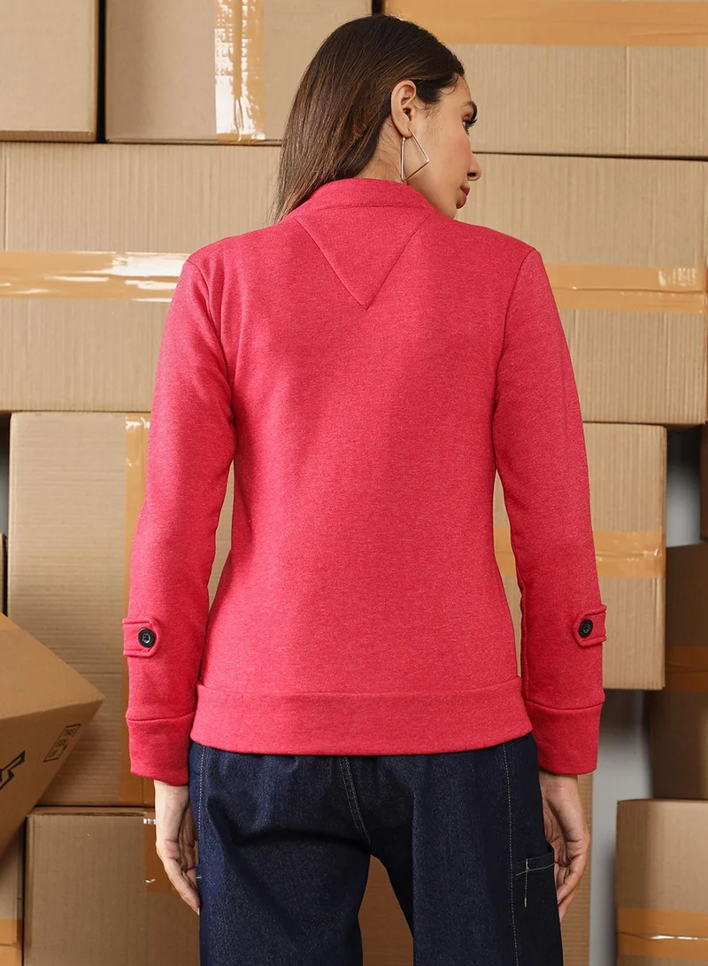Pinacolada  Women's Rose Red Solid Knit Jacket For Casual Wear | High Neck | Long Regular Sleeves | Button Closure | Jacket Crafted With Comfort Fit For Everyday Wear for Women | Best Price UAE